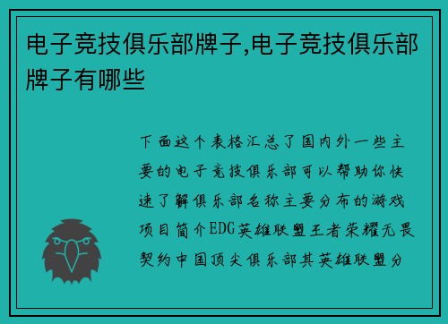 电子竞技俱乐部牌子,电子竞技俱乐部牌子有哪些